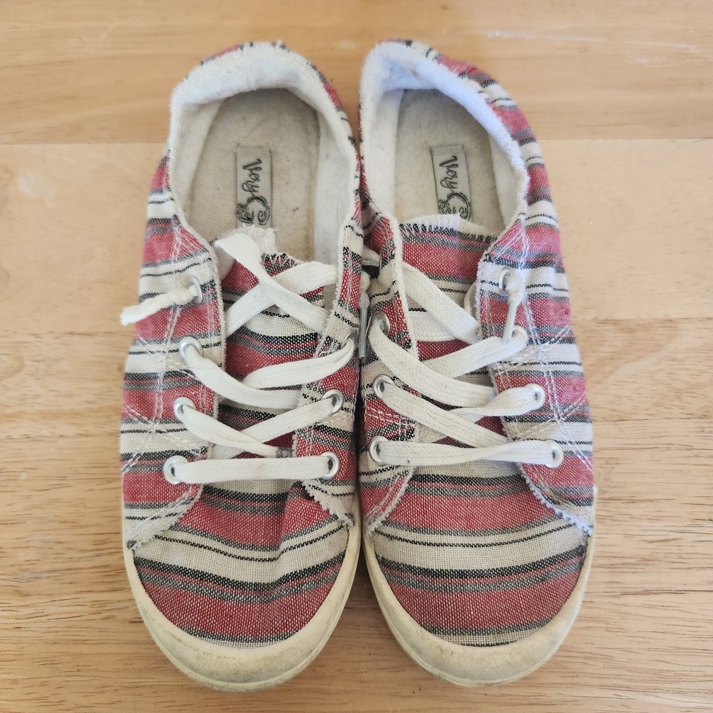 Very G Red and‎ Gray Striped Terry Cloth Sneakers Size 7 Slip On Comfy Summer